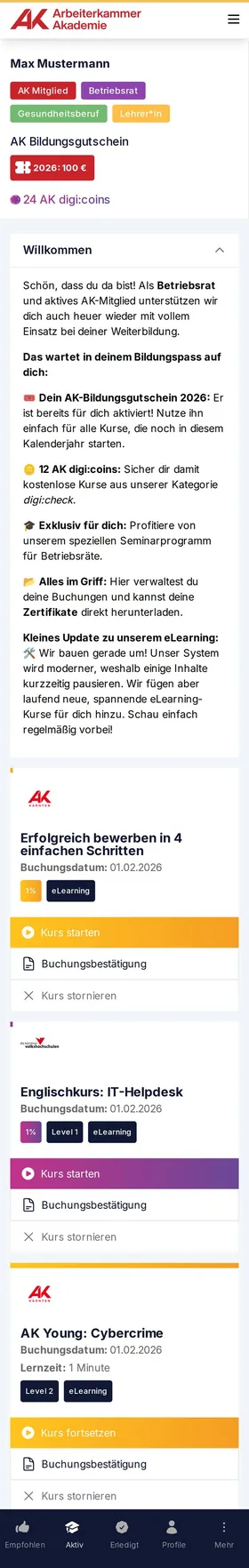 AK Bildungspass: anonymisierte mobile Ansicht